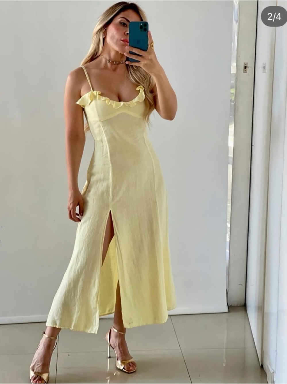 Zara Pale Yellow Ruffle-Trim Midi Dress with Front Slit